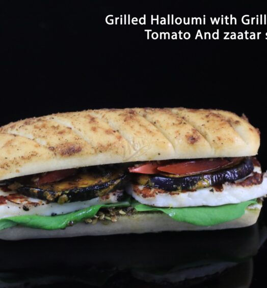 Grilled Halloumi With Grilled Eggplant, Tomato And Zaatar Sauces